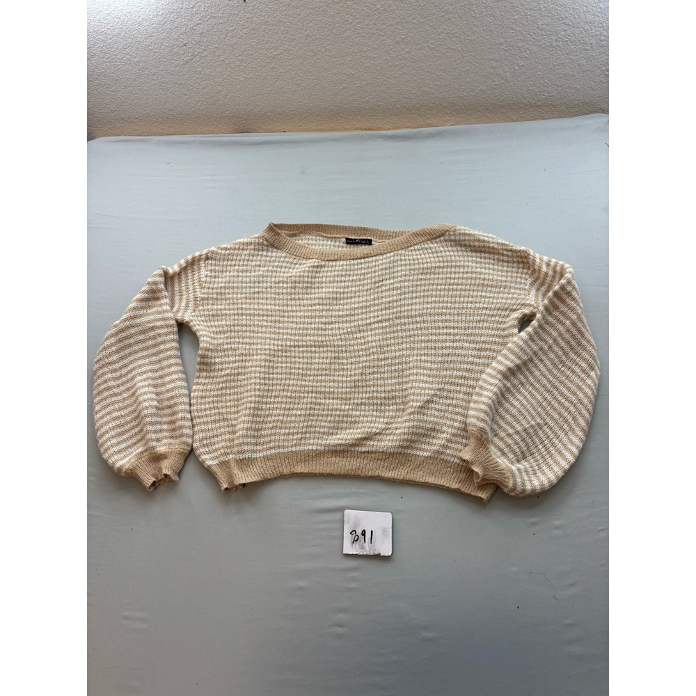 Emery Rose Tan White Striped Knit Balloon Sleeve Crop Sweater Small